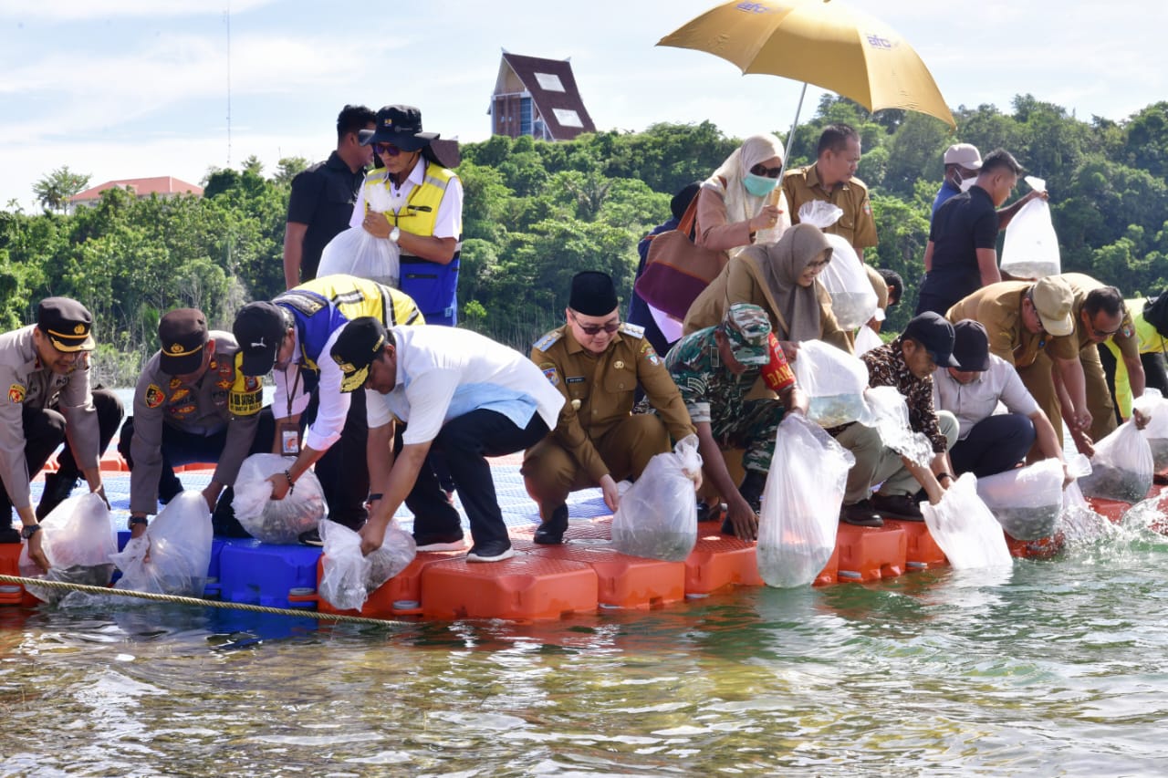 Bahtiar Baharuddin melepaskan bibit ikan di Danau Tempe